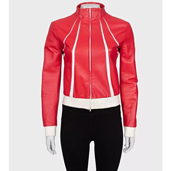 Valentino Red Leather Contrast Details Jacket Sz.42 - Picture 1 of 4